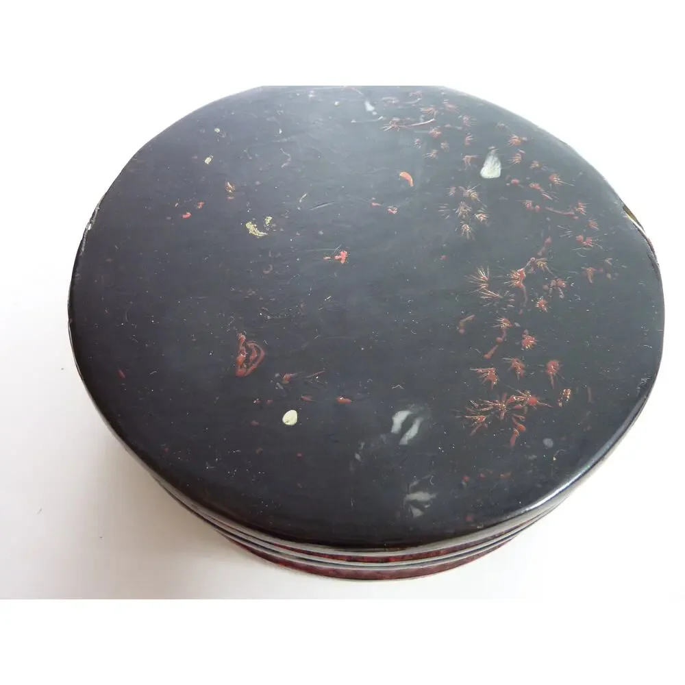 Antique Japanese Black Lacquer Round Box Wabi Sabi Egret Deer Storage Case 7